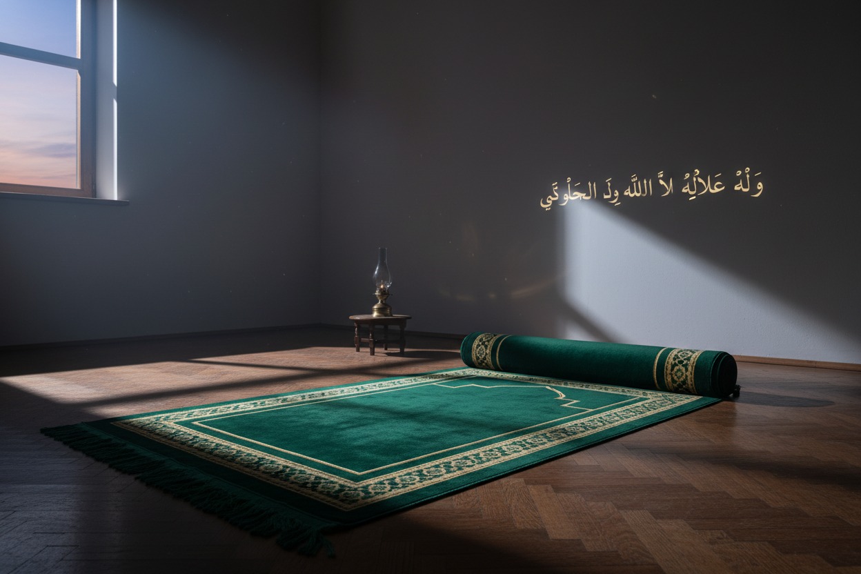 A quiet night just before dawn.A prayer mat softly lit, untouched.Shadows stretch long, reminding the soulthat time is passing—and accountability is near.