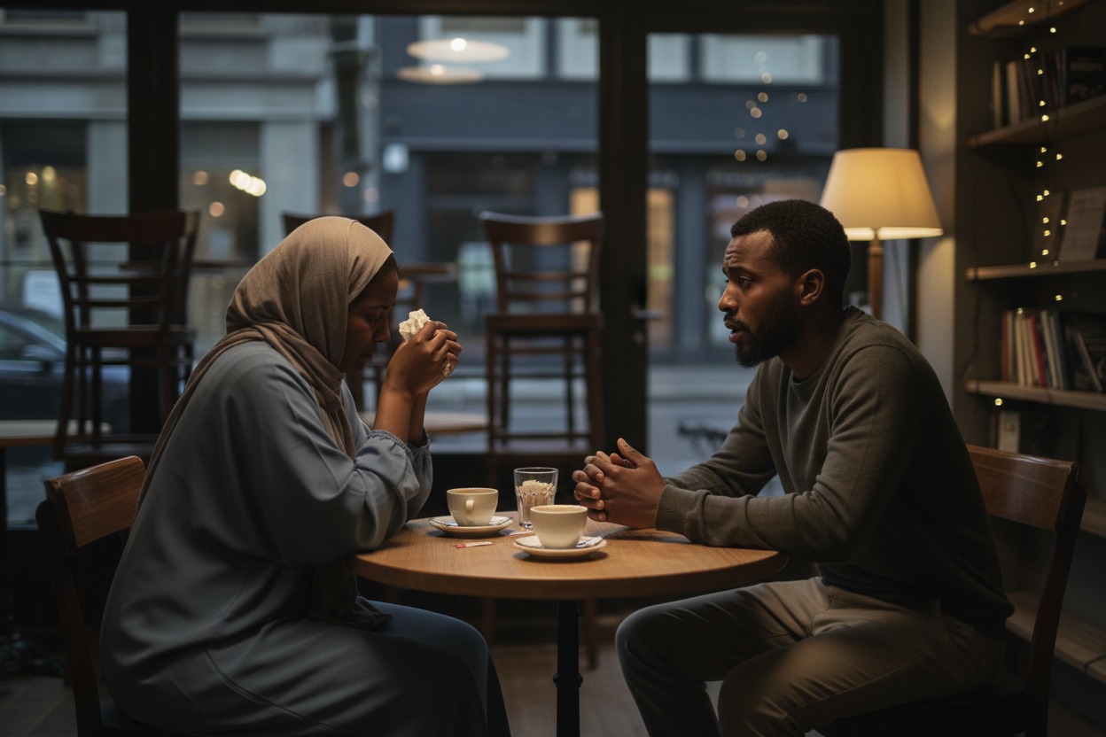 A man and a woman in a hijab sit across from each other at a small cafe table, having a serious conversation.