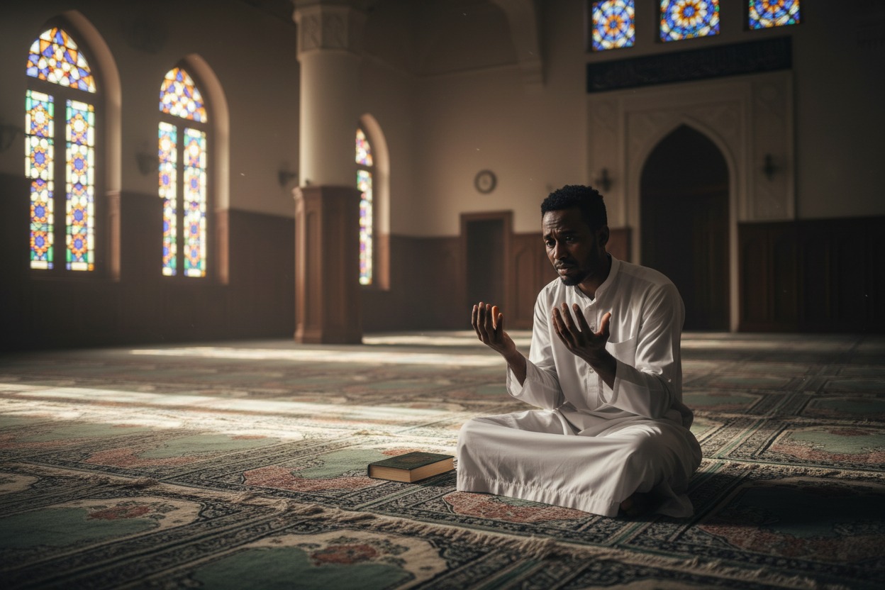 A man in a white thobe sits on a patterned carpet in a mosque with his hands raised in prayer.