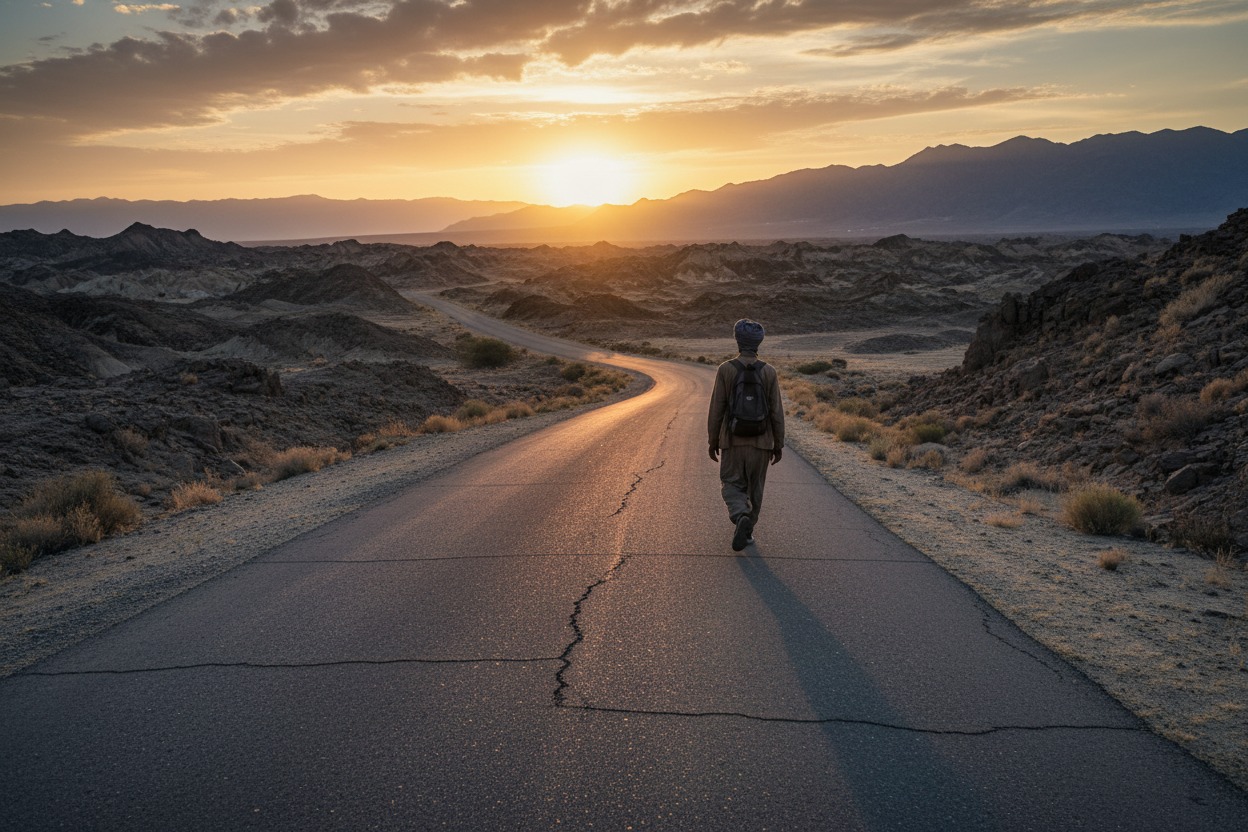 A person with a backpack walks down a cracked desert road toward a sunset over distant mountains.