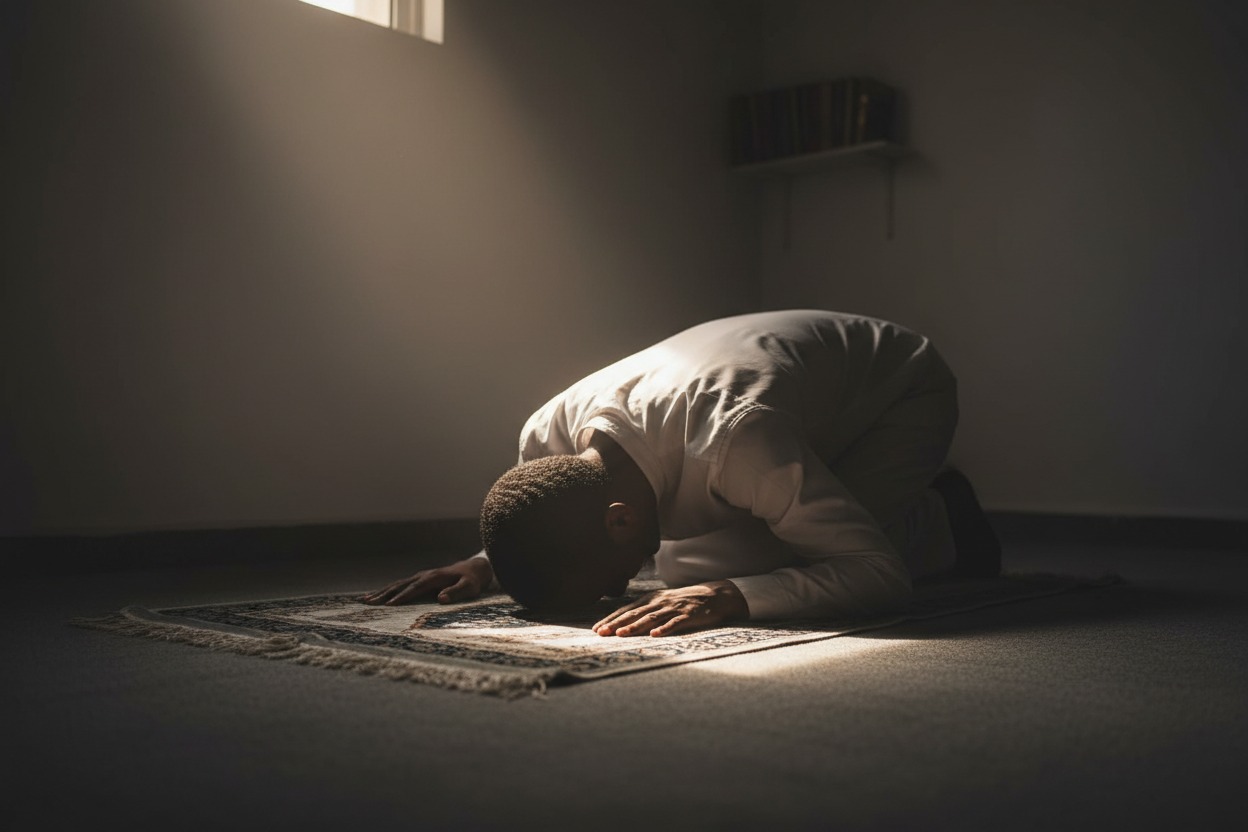A man in white clothing kneels in prayer on a rug in a dimly lit room illuminated by a beam of light.