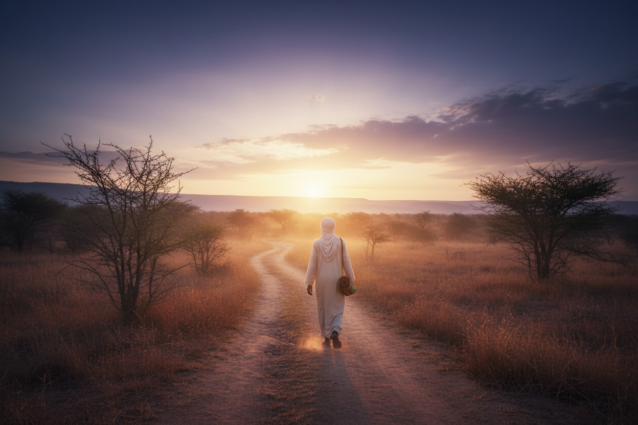 A person in traditional clothing walks along a dusty path through a savanna at sunset.