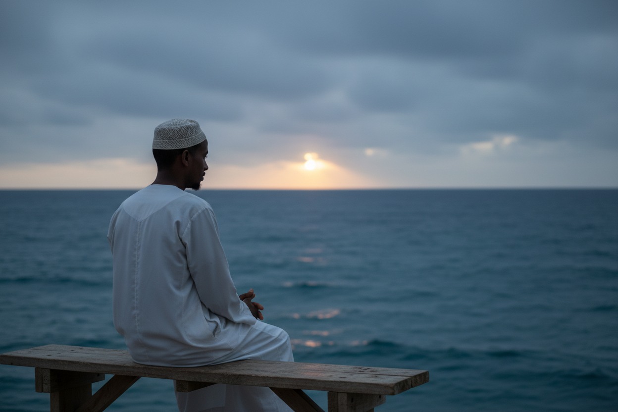 A man wearing a white thobe and kufi sits on a wooden bench overlooking the ocean at sunset.