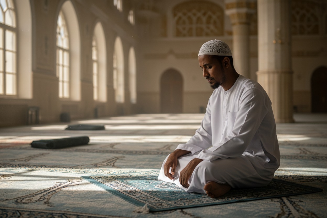 A man in a white thobe and kufi sits on a prayer rug in a sunlit mosque.