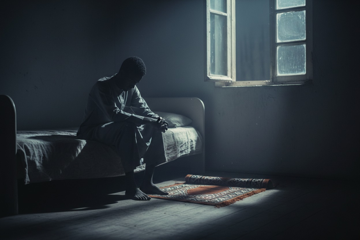 A man sits on the edge of a bed in a dimly lit room with a prayer rug on the floor nearby.